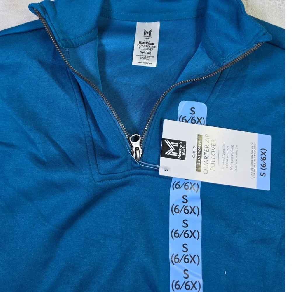 Members Mark Girls Sandwash Quarter Zip Pullover Turquoise Blue S 6 6X NWT